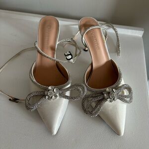 Double bow crystal satin wedding shoes